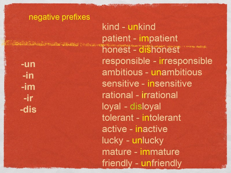 negative prefixes -un -in -im -ir -dis kind - unkind patient - impatient honest